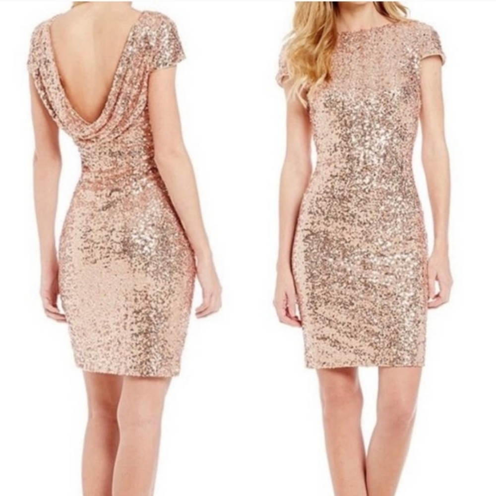 Belle Badgley Mischka Manhattan Dress Size 10 Blush Pink Sequins Cowl Back NWT